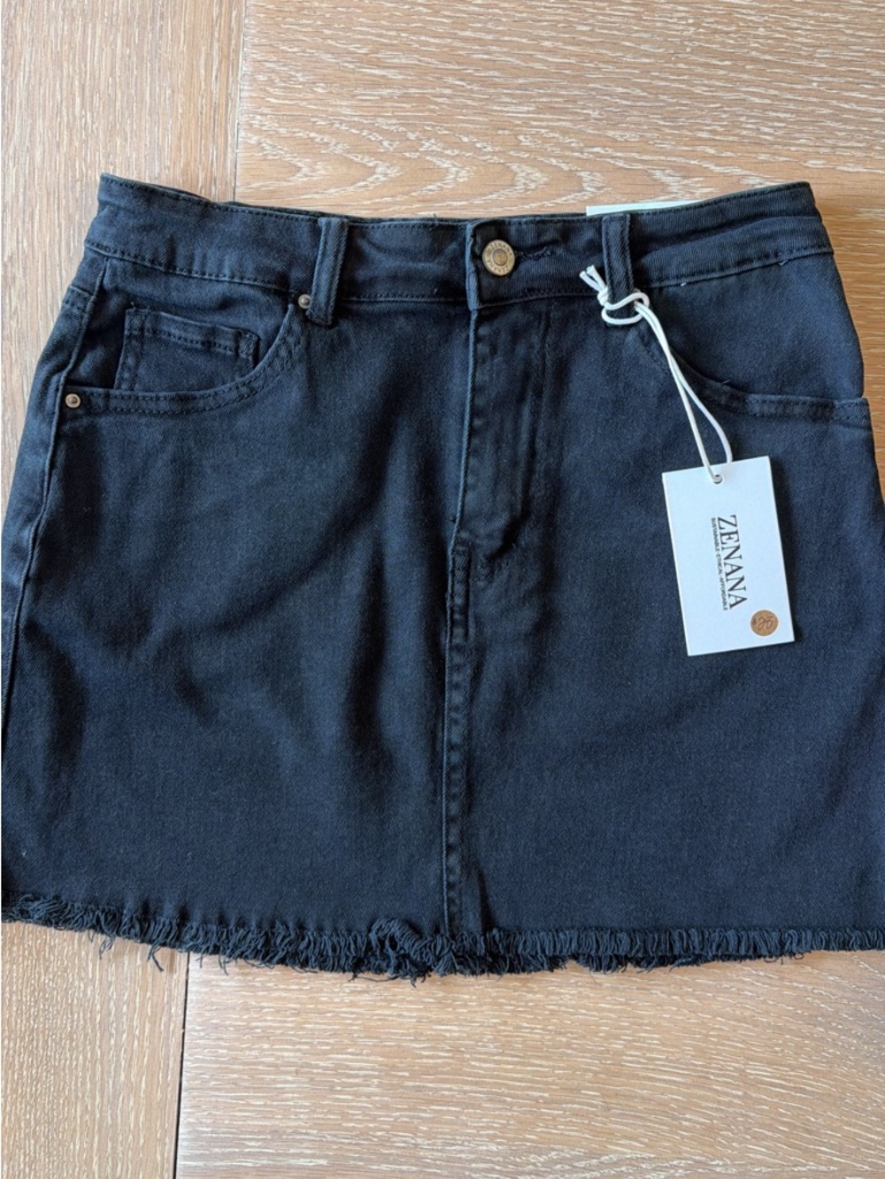 Zenana Outfitters Black Denim Mini Skirt with Frayed Hem